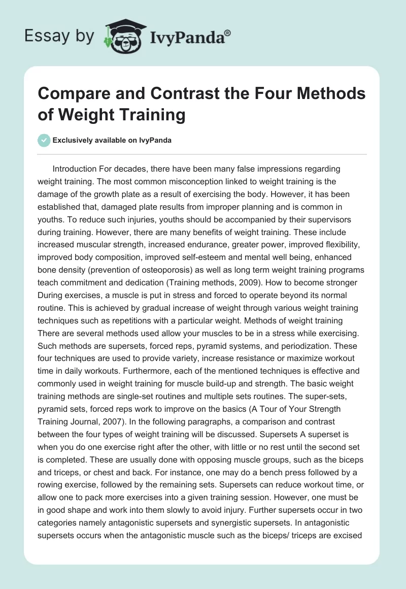 Compare and Contrast the Four Methods of Weight Training. Page 1