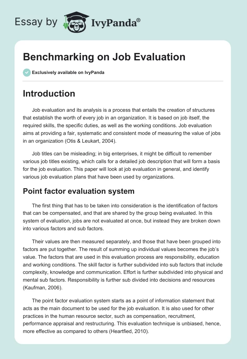 Benchmarking on Job Evaluation. Page 1