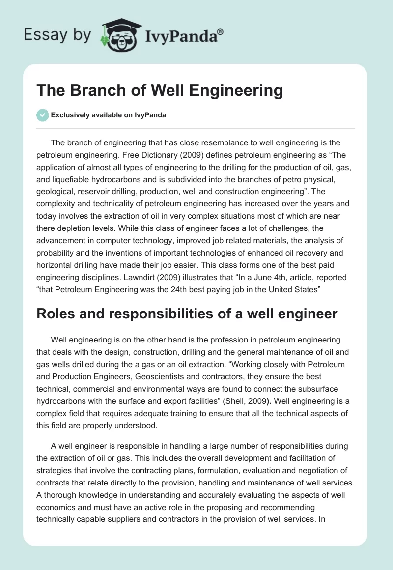 The Branch of Well Engineering. Page 1