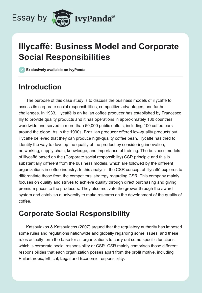 Illycaffė: Business Model and Corporate Social Responsibilities. Page 1