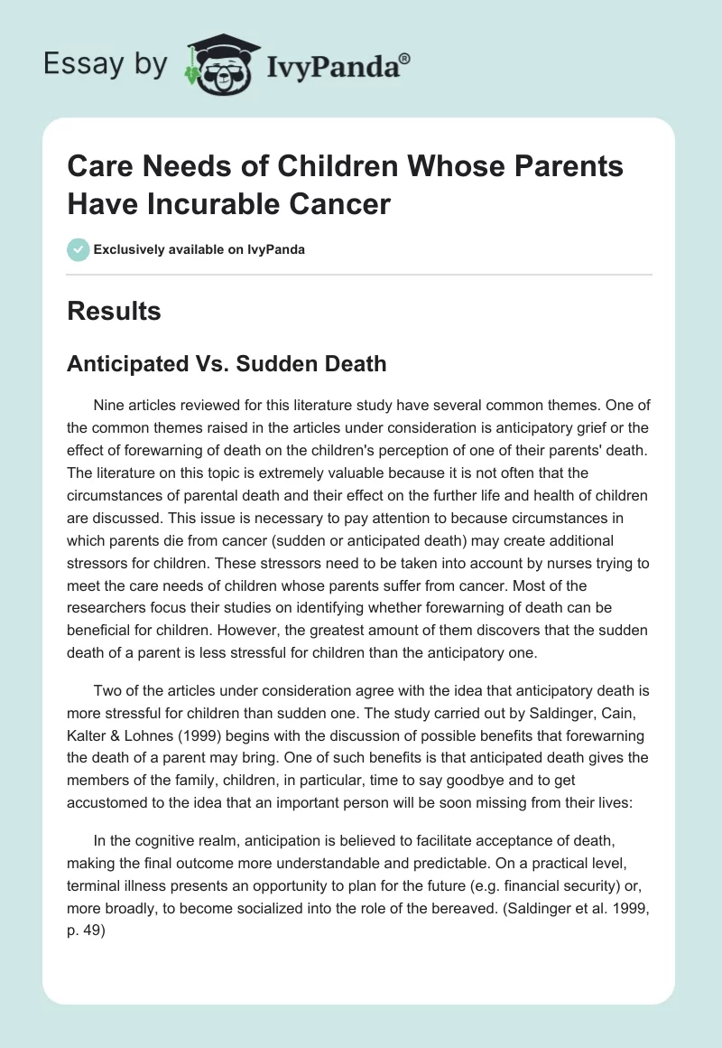 Care Needs of Children Whose Parents Have Incurable Cancer. Page 1