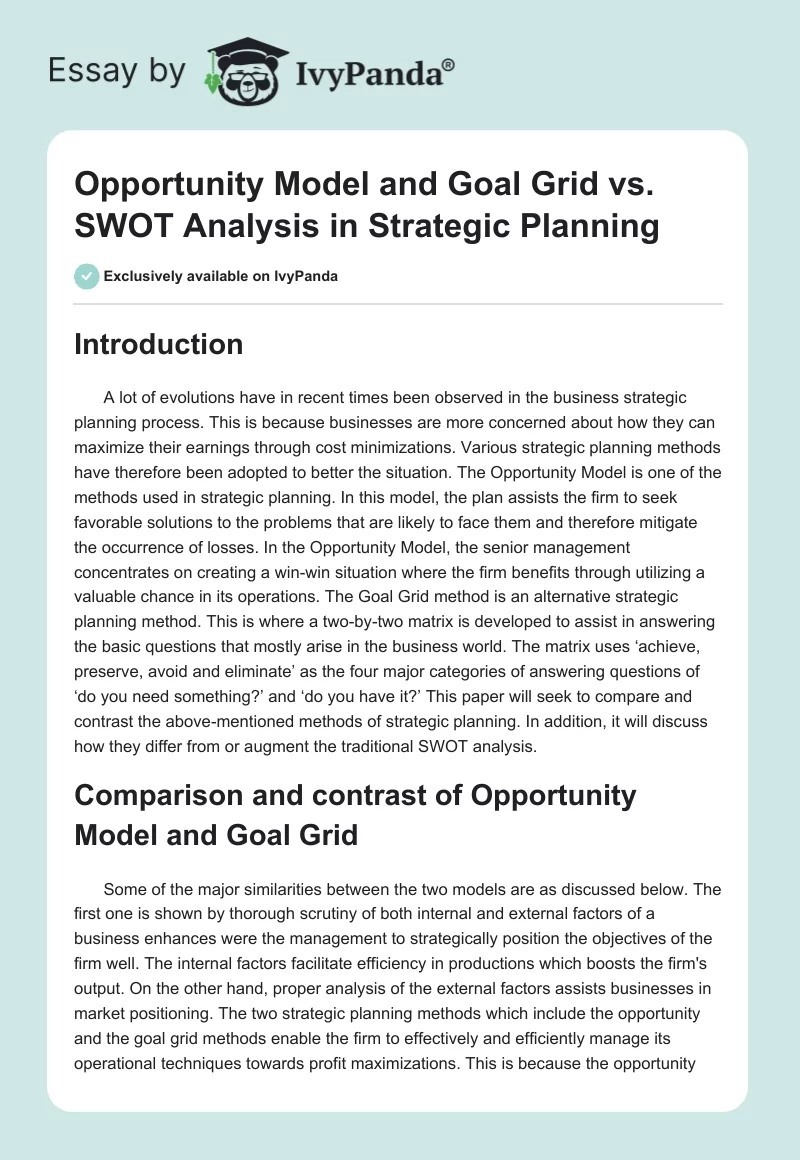 Opportunity Model and Goal Grid vs. SWOT Analysis in Strategic Planning. Page 1