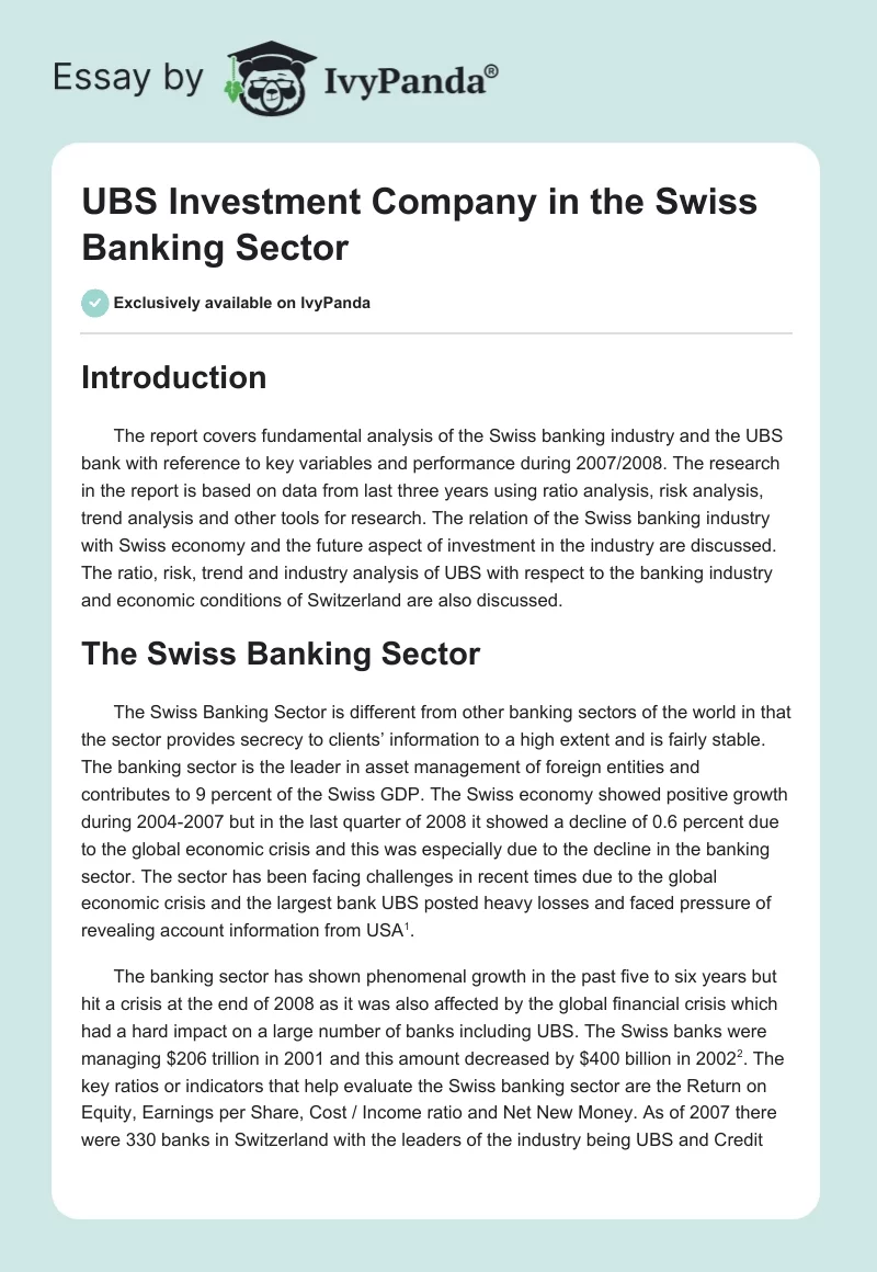 UBS Investment Company in the Swiss Banking Sector. Page 1