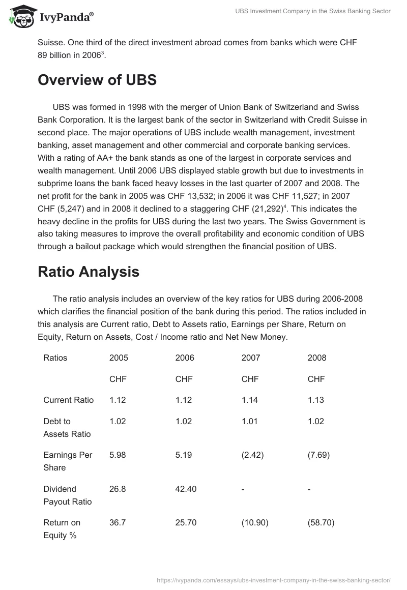 UBS Investment Company in the Swiss Banking Sector. Page 2