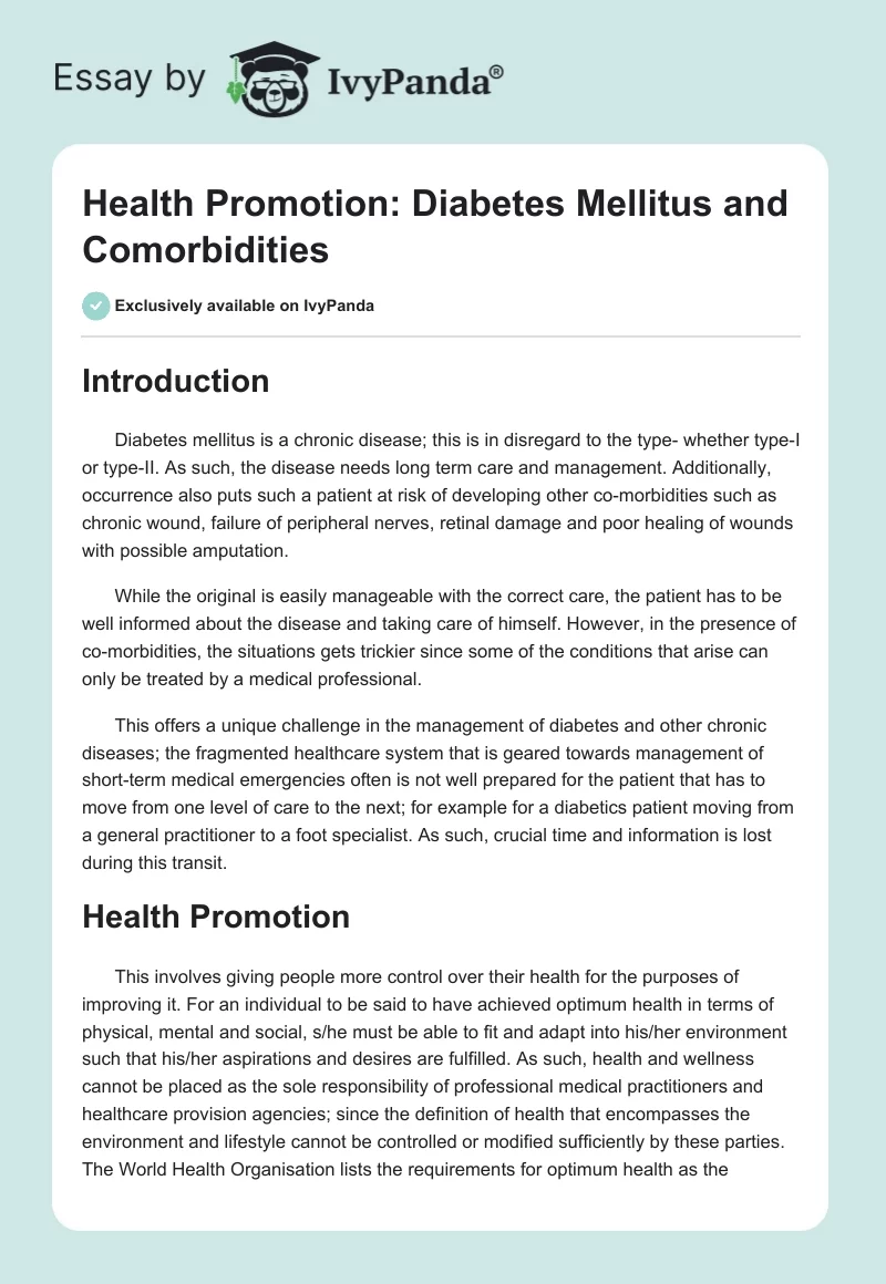 Health Promotion: Diabetes Mellitus and Comorbidities. Page 1