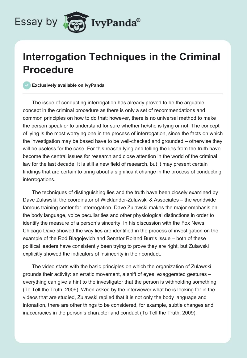 Interrogation Techniques in the Criminal Procedure. Page 1