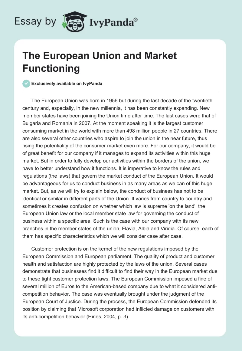 The European Union and Market Functioning. Page 1