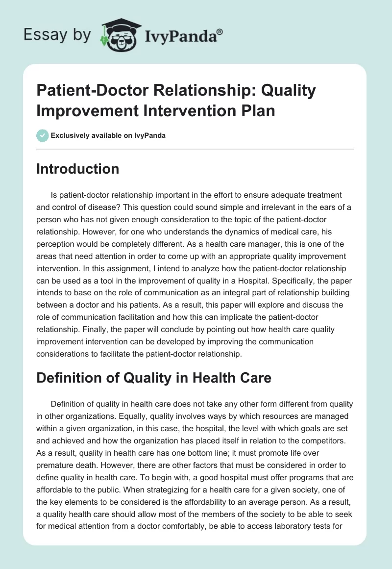 Patient-Doctor Relationship: Quality Improvement Intervention Plan. Page 1