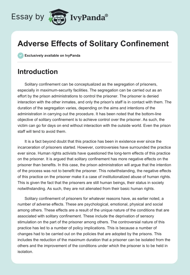 Adverse Effects of Solitary Confinement. Page 1