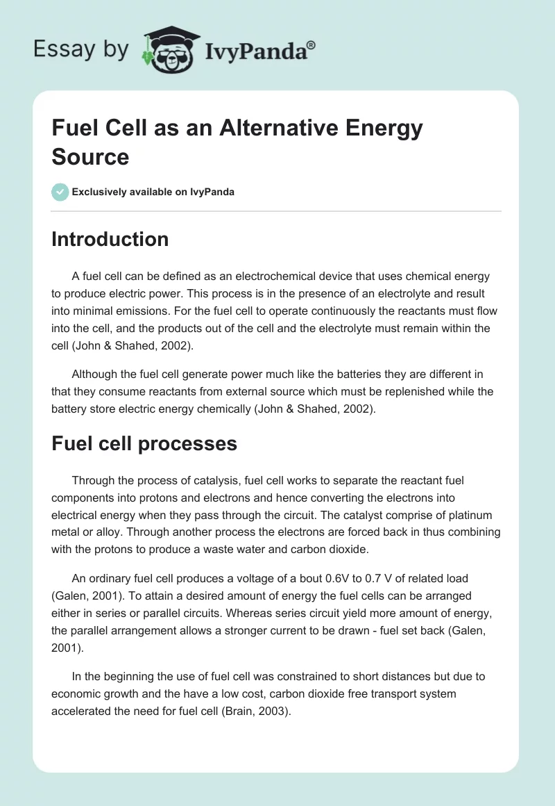 Fuel Cell as an Alternative Energy Source. Page 1