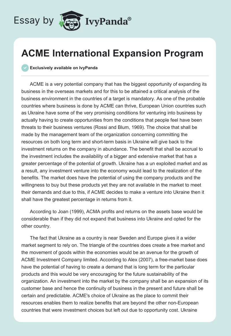 ACME International Expansion Program. Page 1