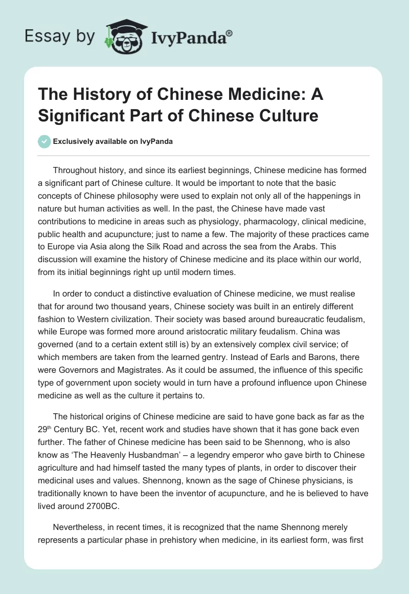 The History of Chinese Medicine: A Significant Part of Chinese Culture. Page 1