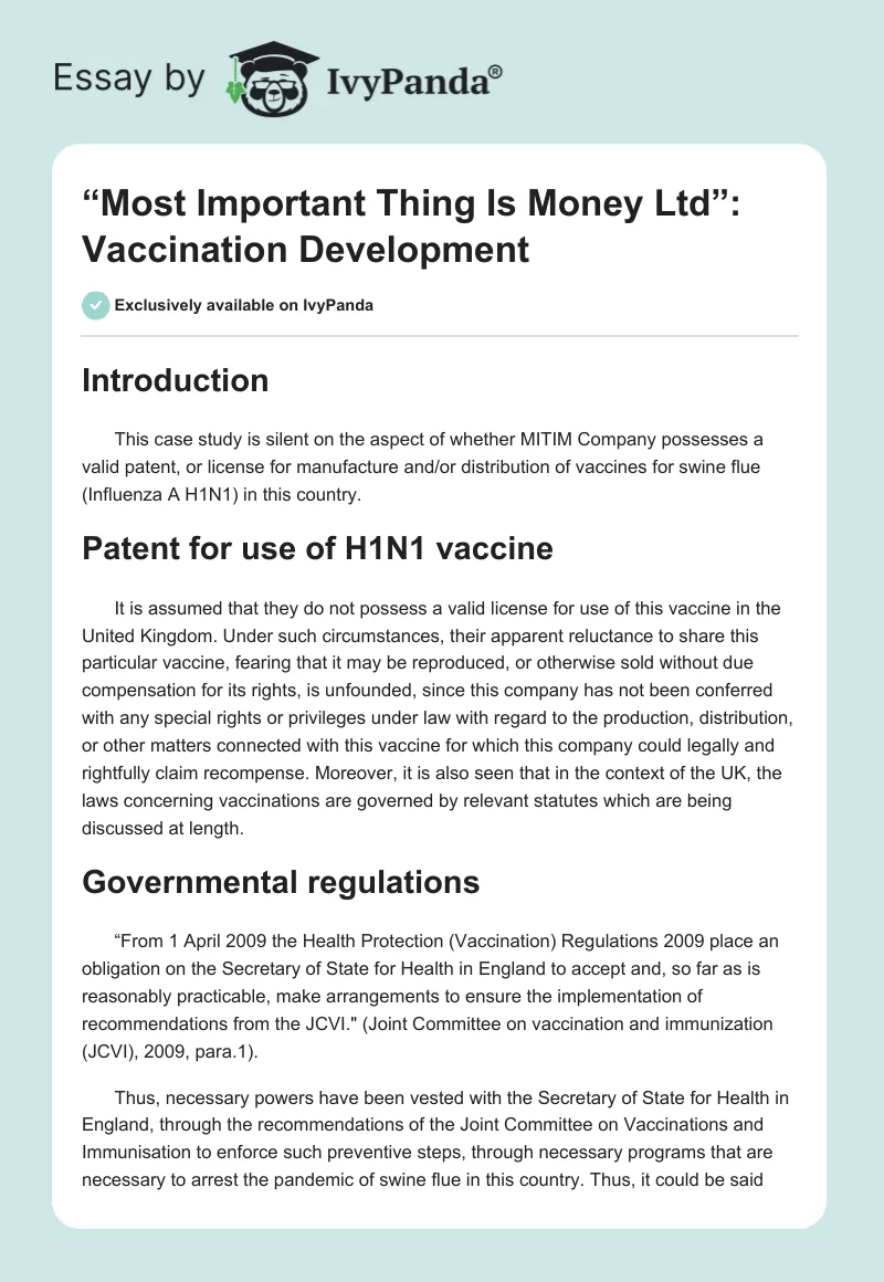 “Most Important Thing Is Money Ltd”: Vaccination Development. Page 1
