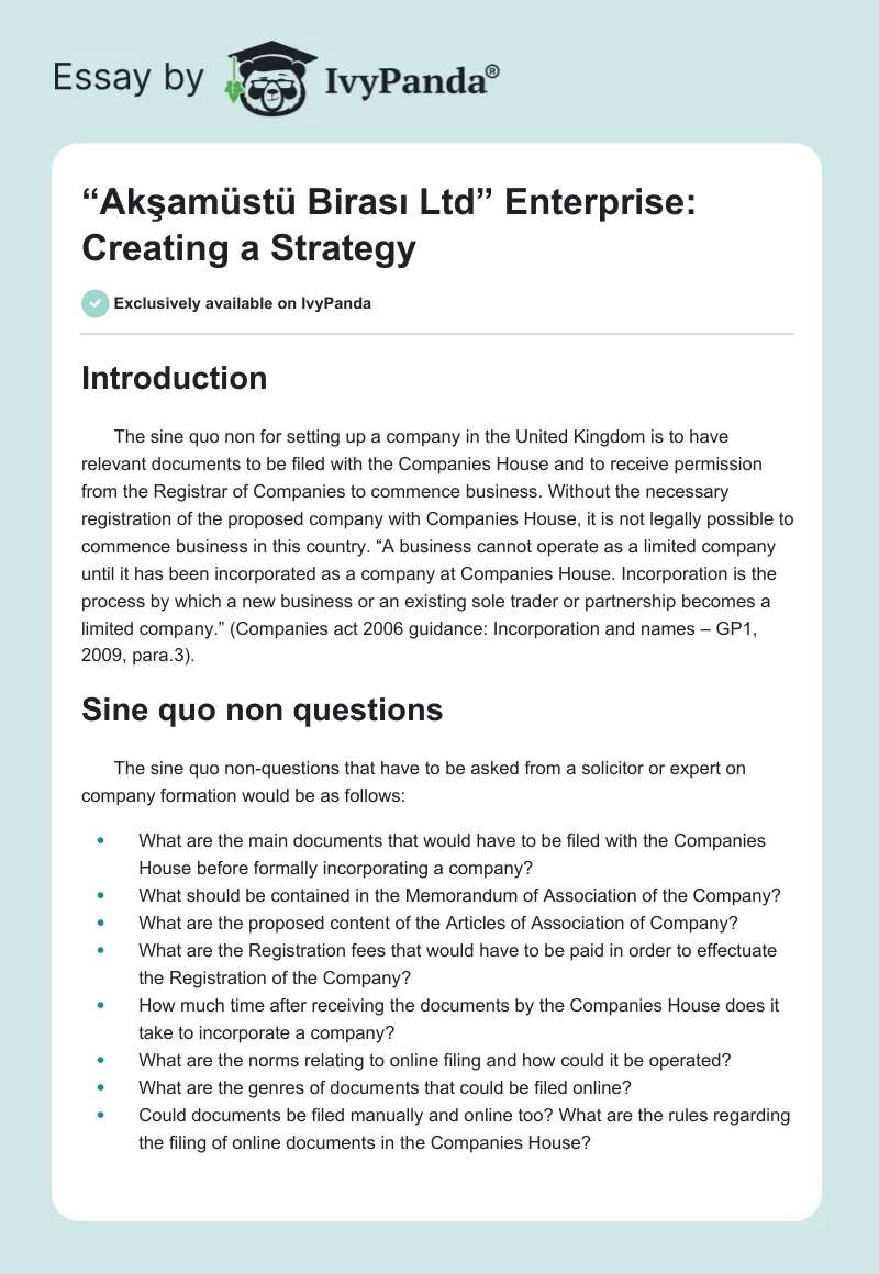 “Akşamüstü Birası Ltd” Enterprise: Creating a Strategy. Page 1
