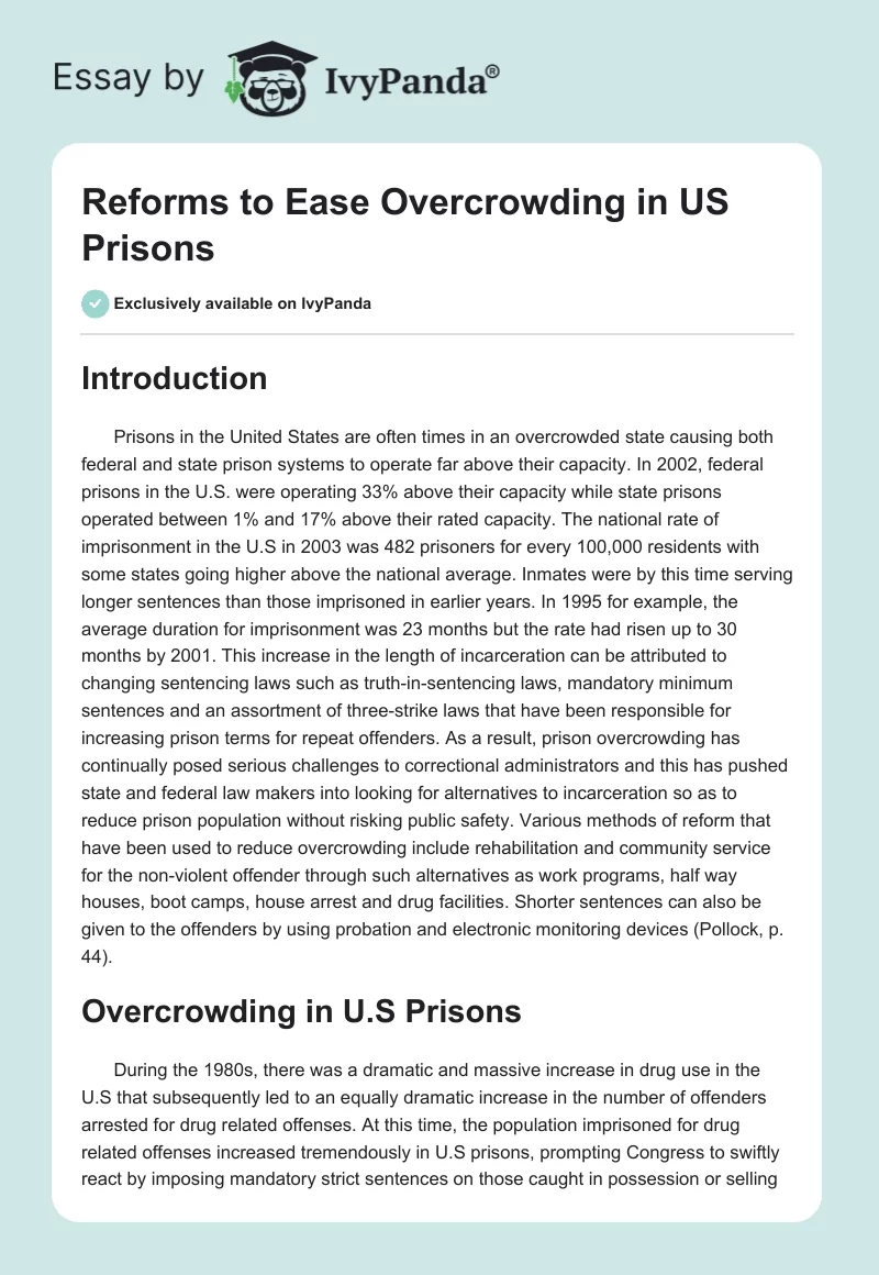 Reforms to Ease Overcrowding in US Prisons. Page 1