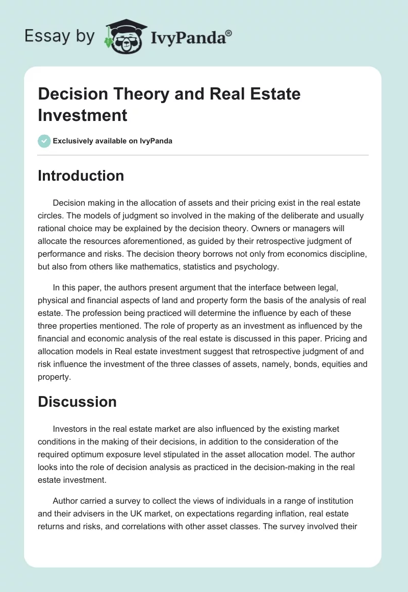 Decision Theory and Real Estate Investment. Page 1