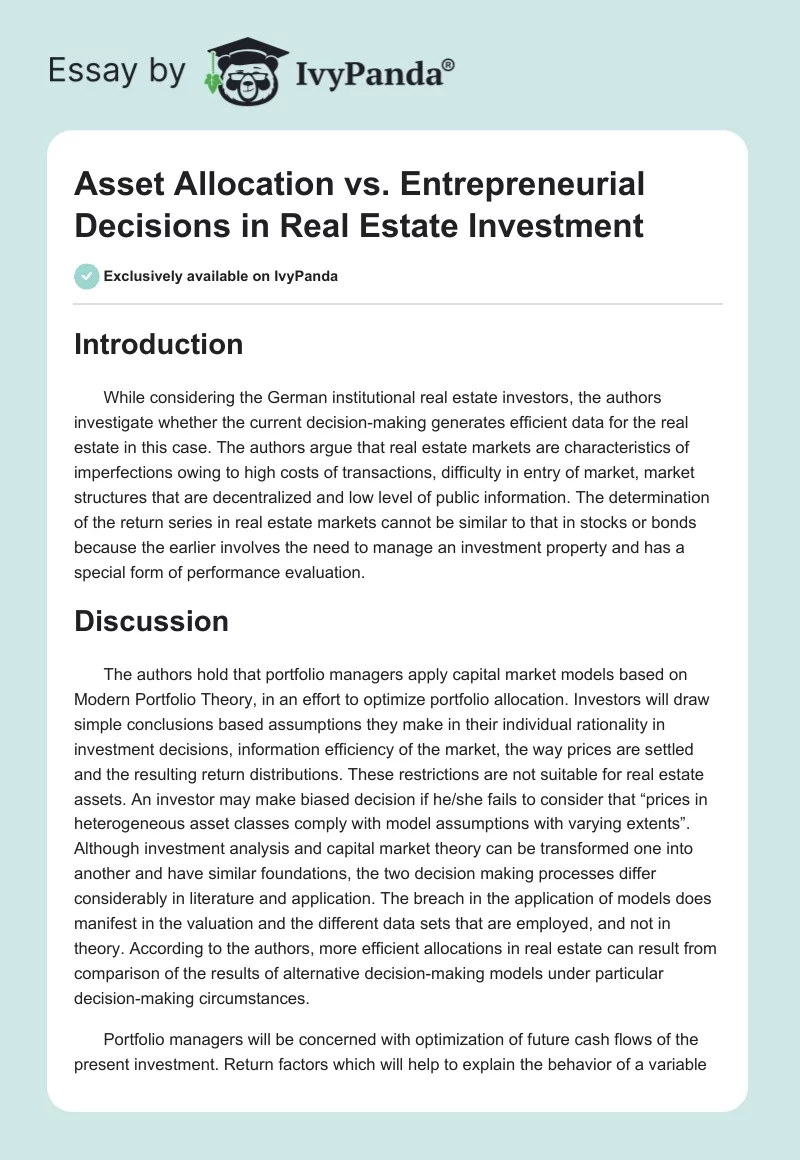 Asset Allocation vs. Entrepreneurial Decisions in Real Estate Investment. Page 1