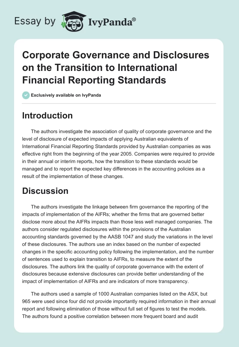 Corporate Governance and Disclosures on the Transition to International Financial Reporting Standards. Page 1