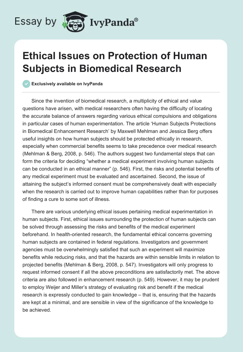 Ethical Issues on Protection of Human Subjects in Biomedical Research. Page 1