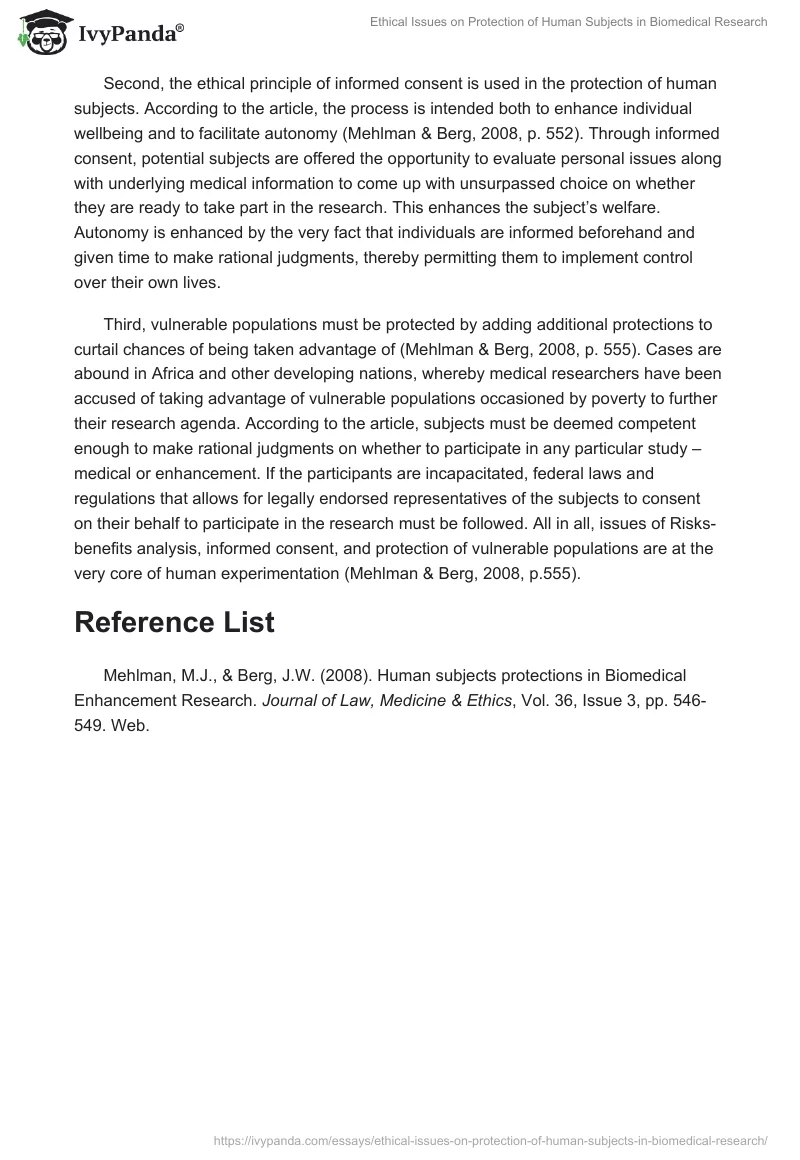 Ethical Issues on Protection of Human Subjects in Biomedical Research. Page 2