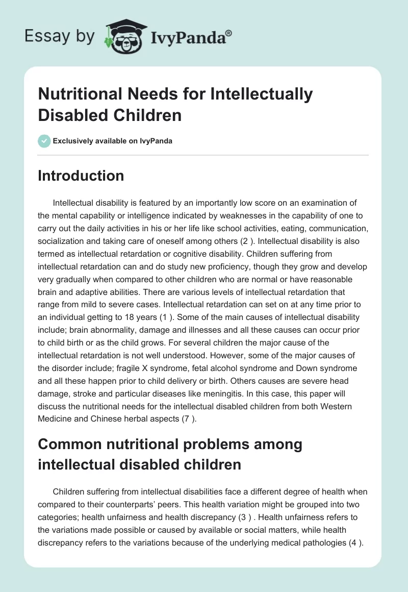Nutritional Needs for Intellectually Disabled Children. Page 1