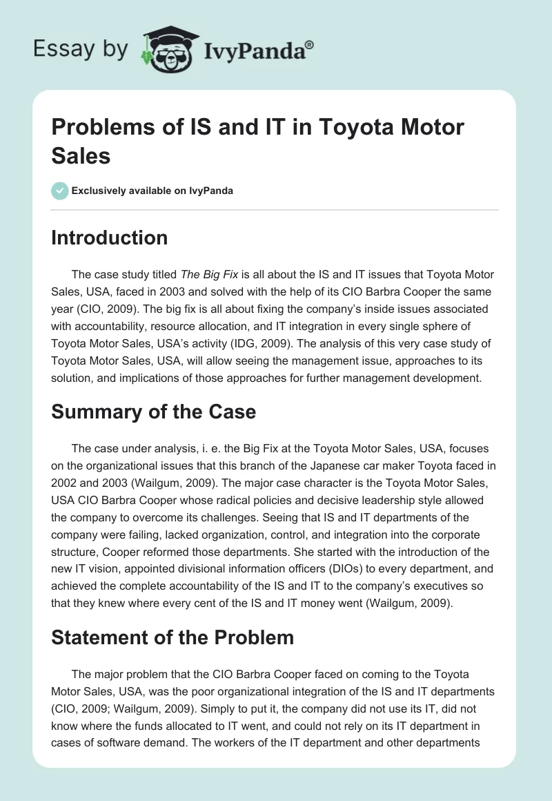 Problems of IS and IT in Toyota Motor Sales. Page 1