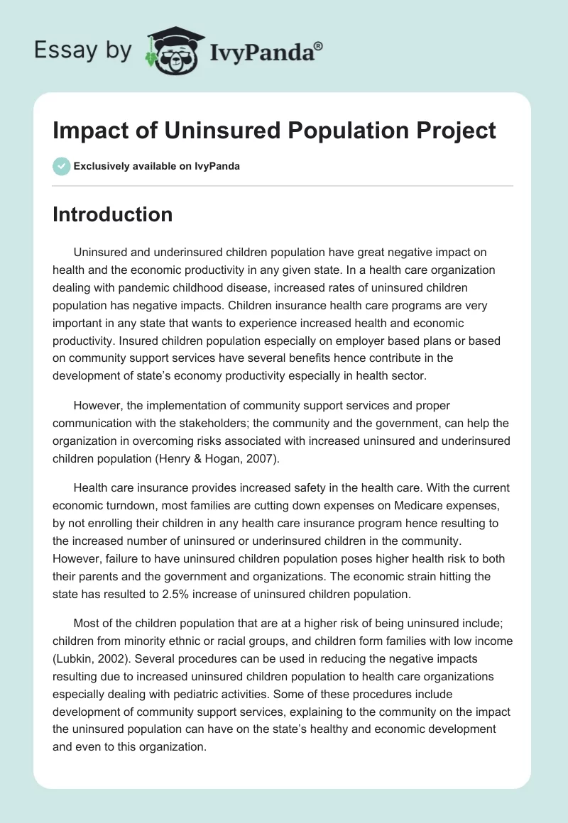 Impact of Uninsured Population Project. Page 1