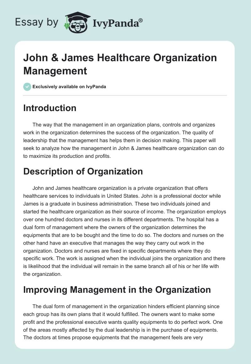 John & James Healthcare Organization Management. Page 1