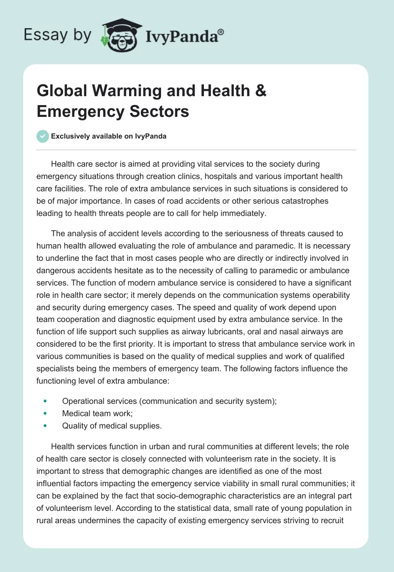 Global Warming and Health & Emergency Sectors. Page 1