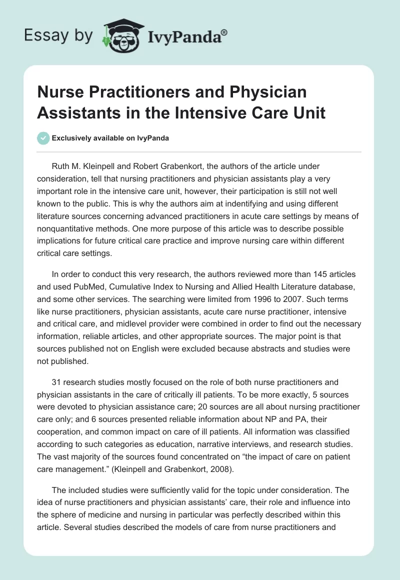 Nurse Practitioners and Physician Assistants in the Intensive Care Unit. Page 1