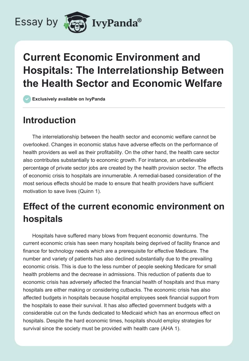 Current Economic Environment and Hospitals: The Interrelationship Between the Health Sector and Economic Welfare. Page 1