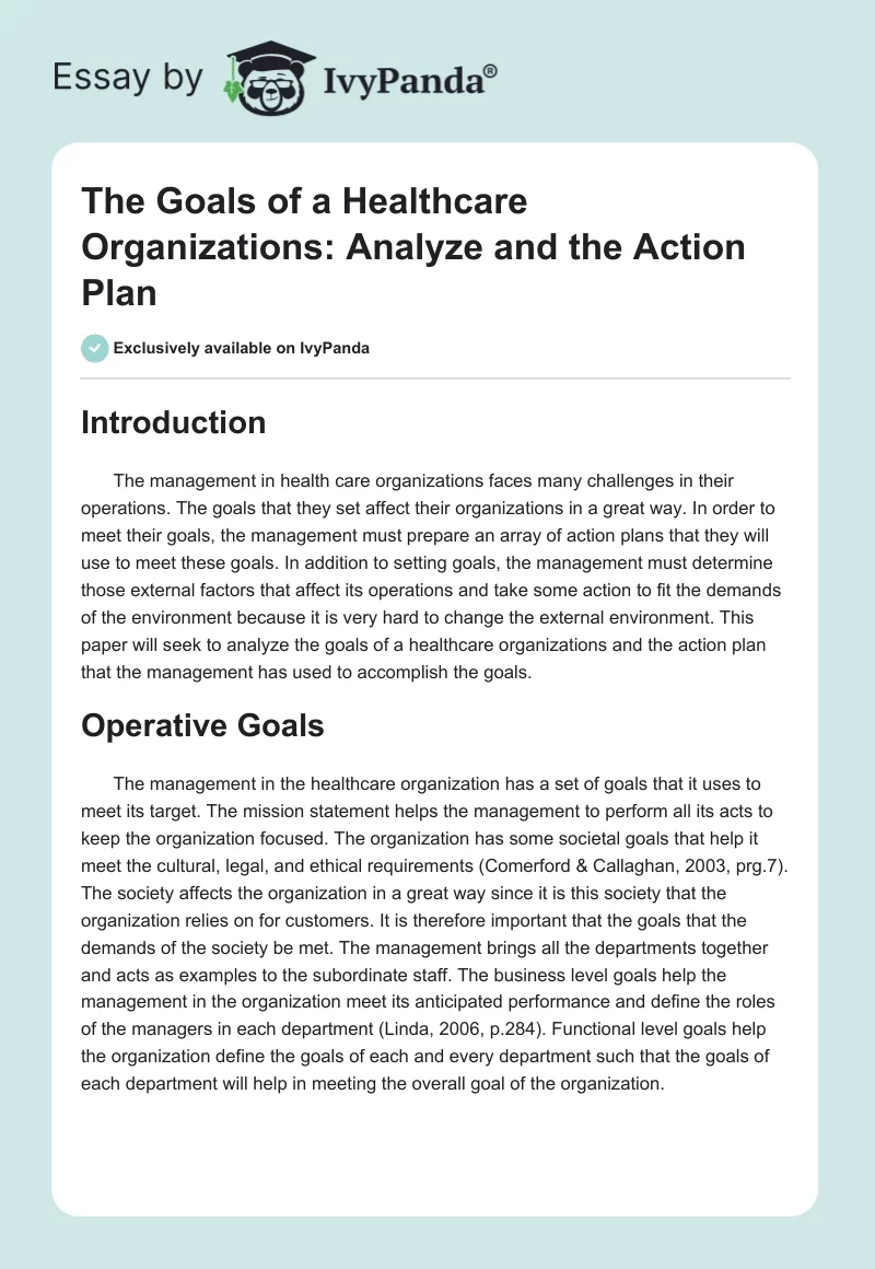The Goals of a Healthcare Organizations: Analyze and the Action Plan. Page 1