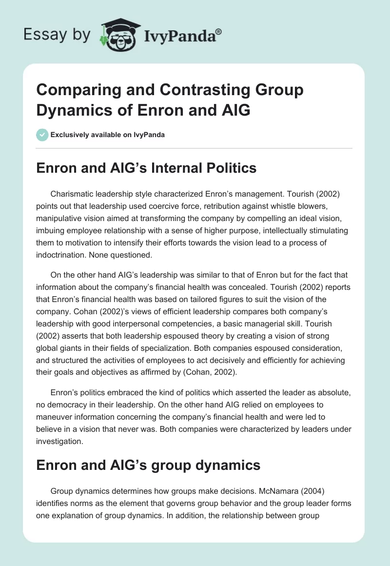 Comparing and Contrasting Group Dynamics of Enron and AIG. Page 1