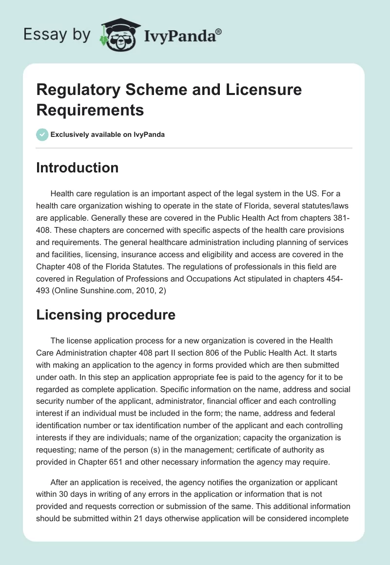 Regulatory Scheme and Licensure Requirements. Page 1