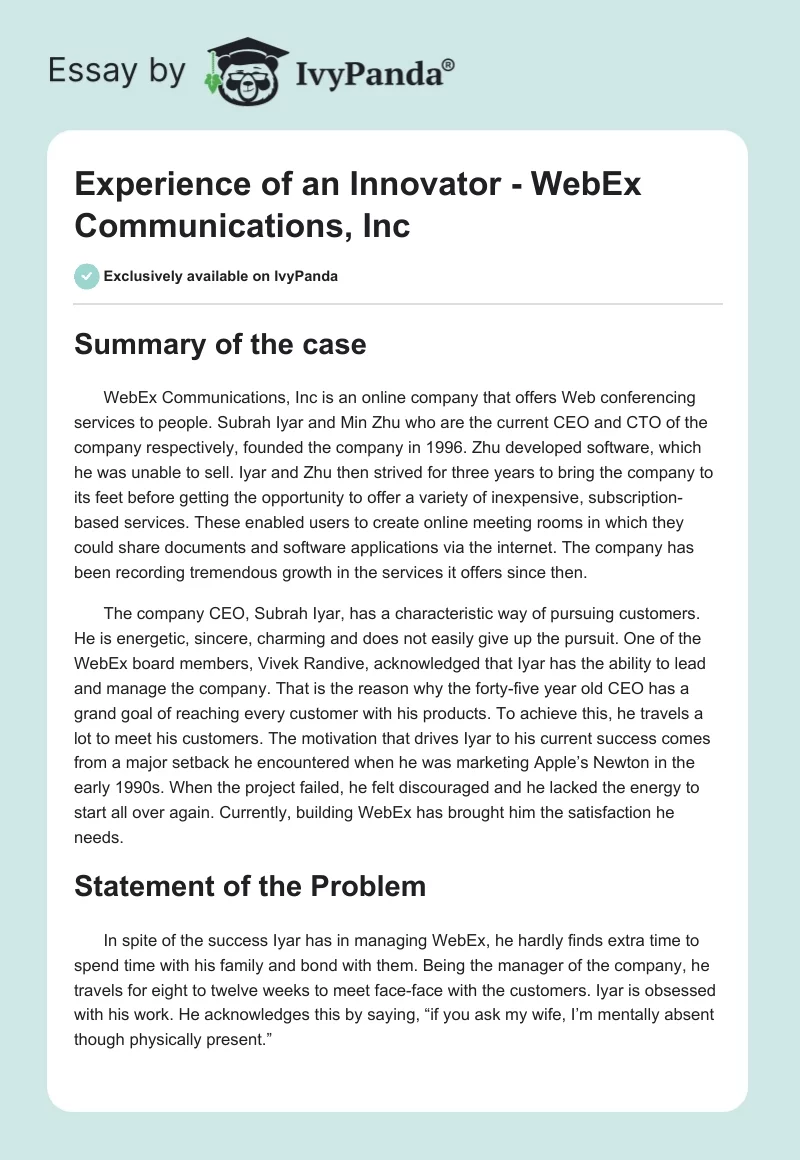 Experience of an Innovator - WebEx Communications, Inc. Page 1