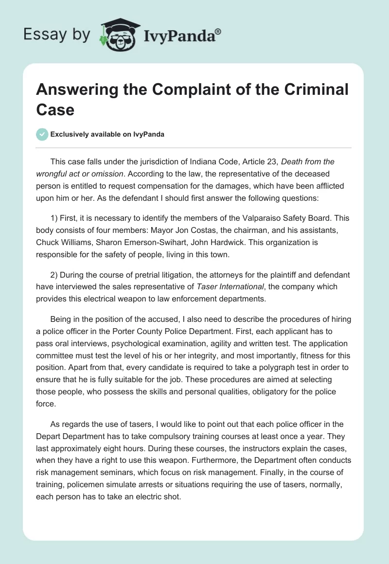 Answering the Complaint of the Criminal Case. Page 1