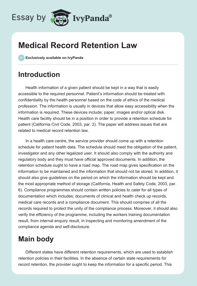 Medical Record Retention Law. Page 1