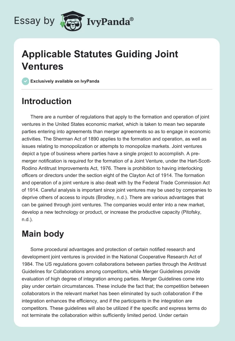 Applicable Statutes Guiding Joint Ventures. Page 1