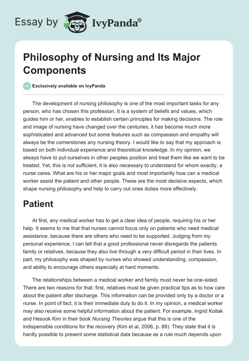 Philosophy of Nursing and Its Major Components. Page 1