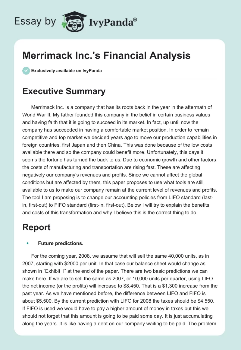 Merrimack Inc.'s Financial Analysis. Page 1