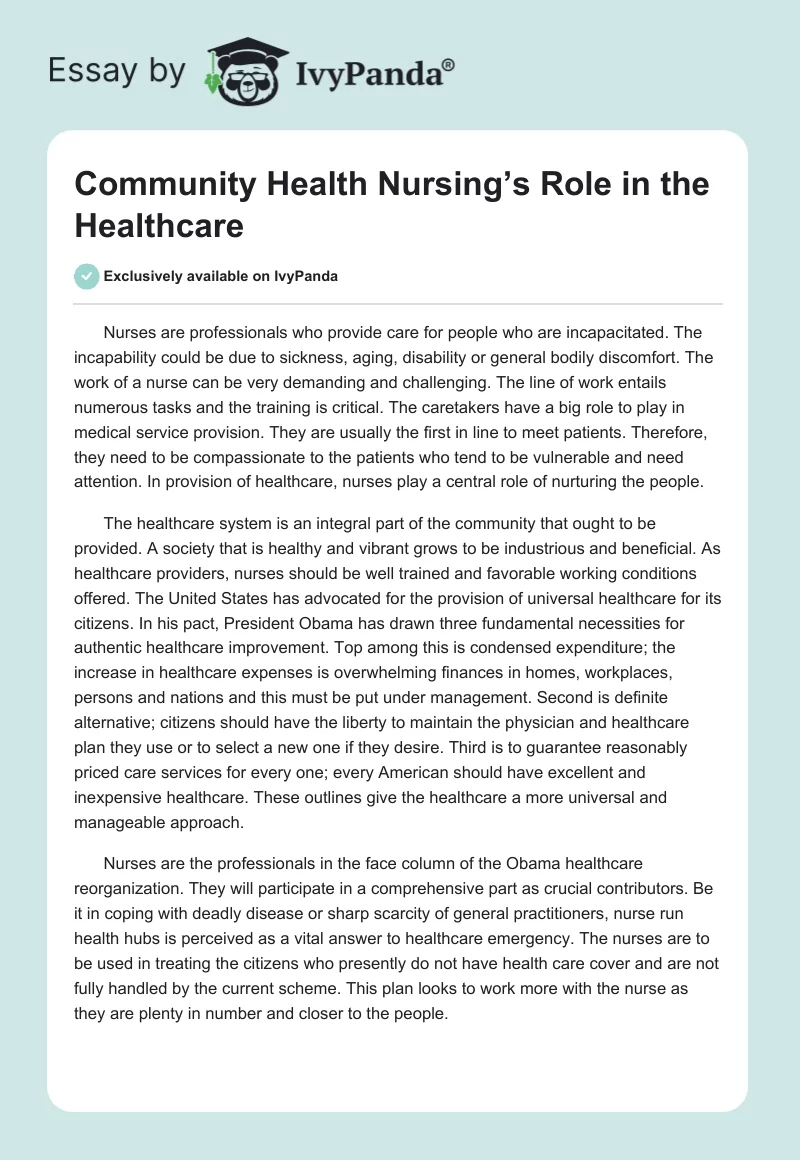 Community Health Nursing’s Role in the Healthcare. Page 1