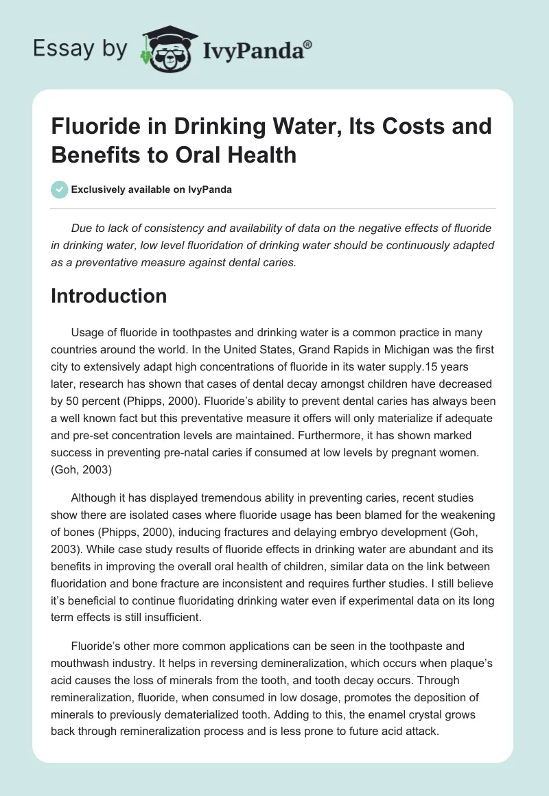 Fluoride in Drinking Water, Its Costs and Benefits to Oral Health. Page 1
