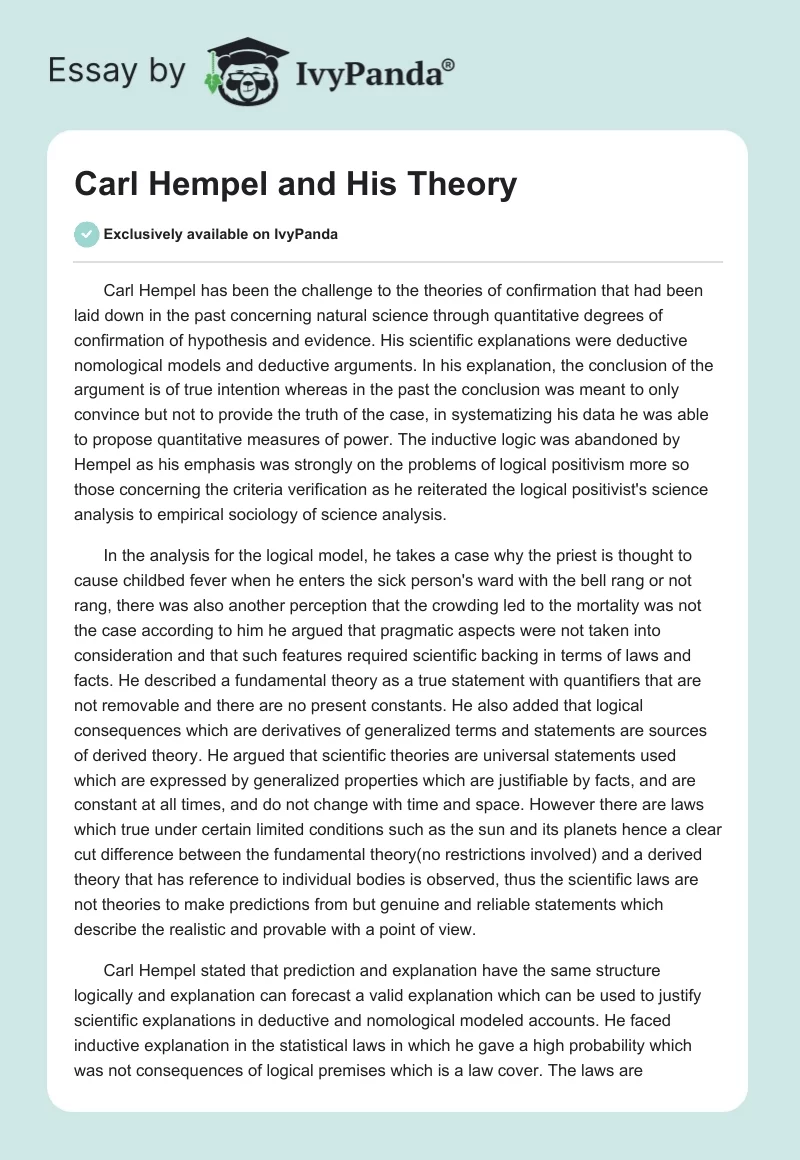 Carl Hempel and His Theory. Page 1