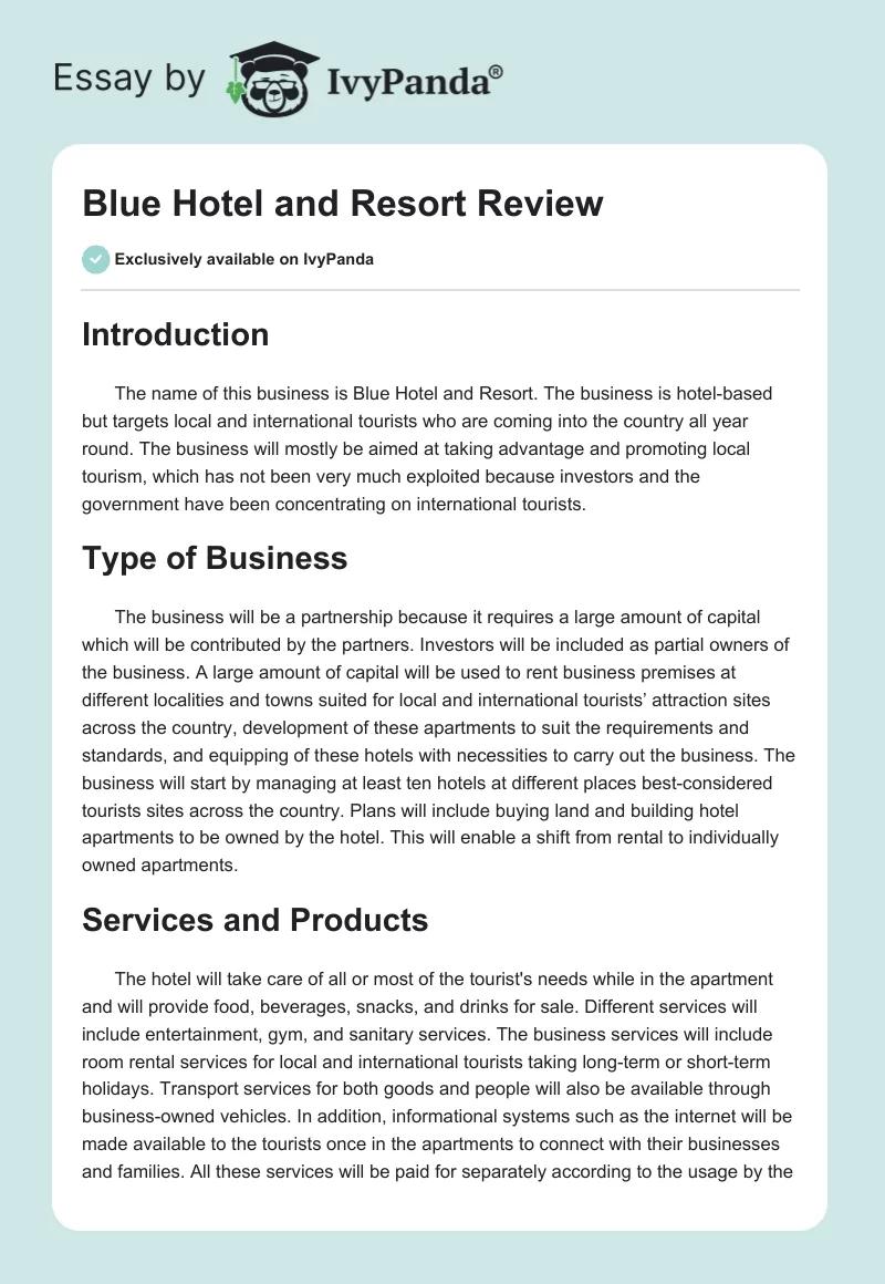 Blue Hotel and Resort Review. Page 1