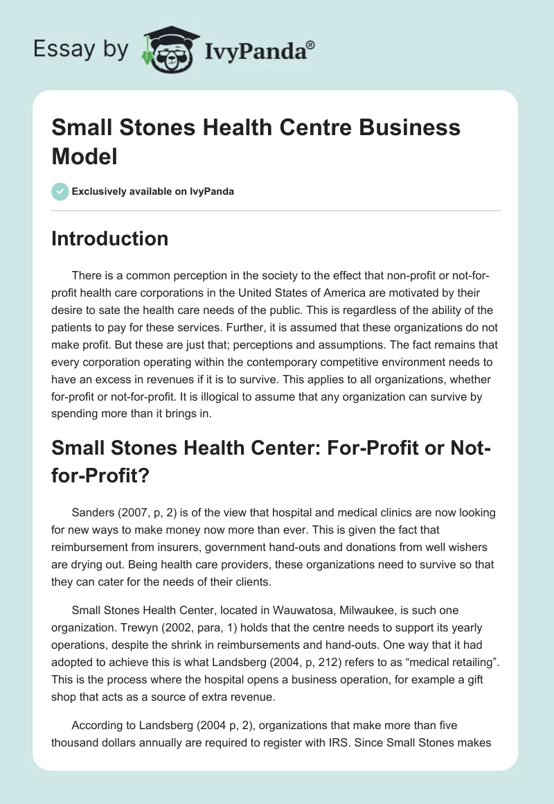 Small Stones Health Centre Business Model. Page 1