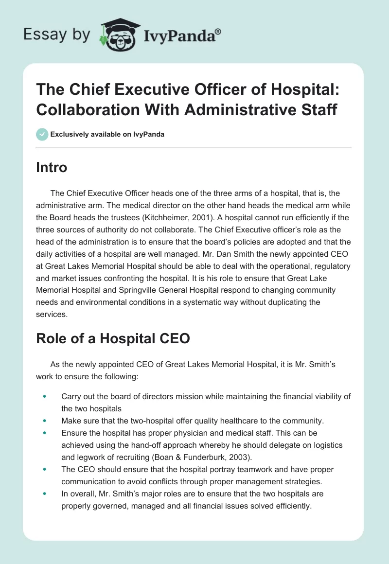 The Chief Executive Officer of Hospital: Collaboration With Administrative Staff. Page 1