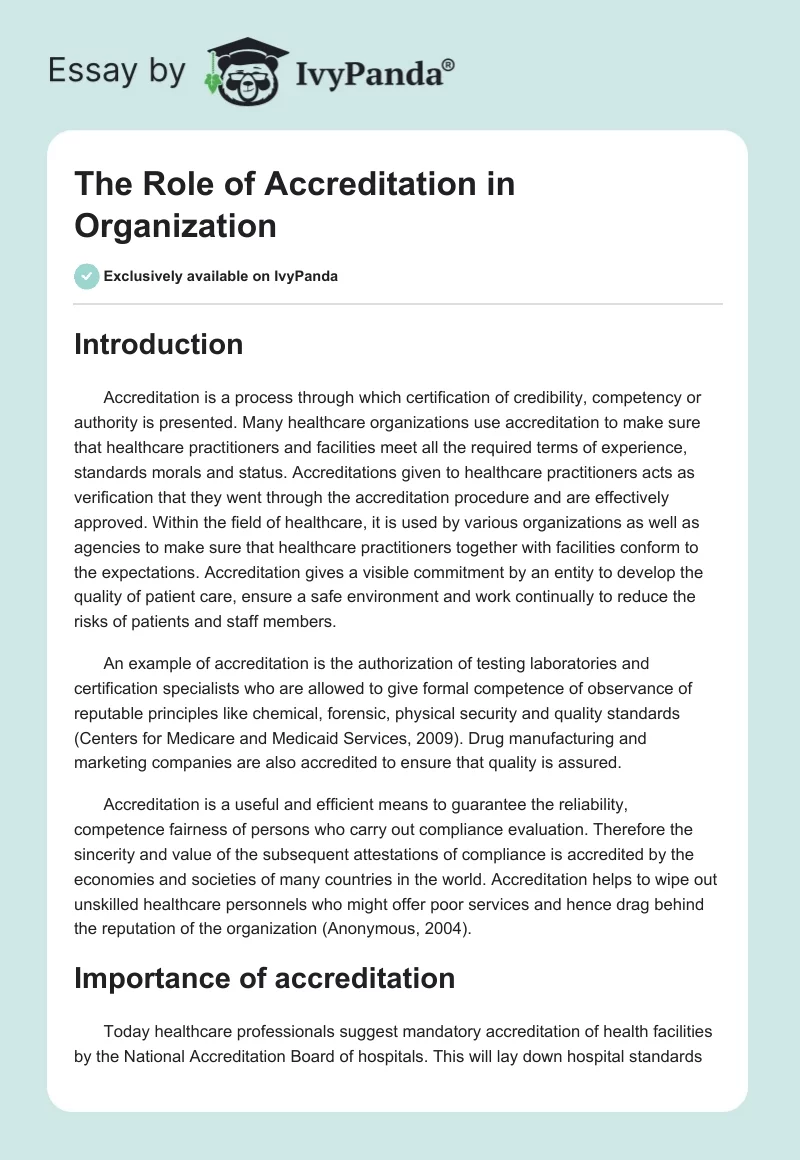 The Role of Accreditation in Organization. Page 1
