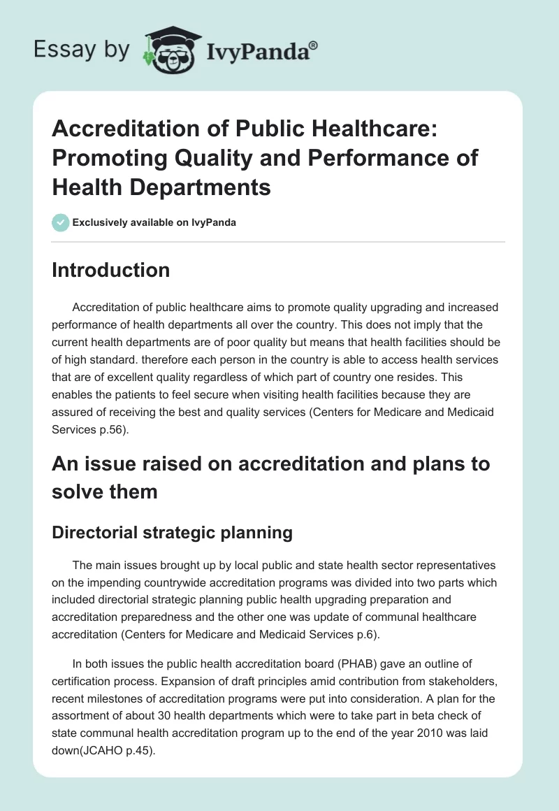 Accreditation of Public Healthcare: Promoting Quality and Performance of Health Departments. Page 1