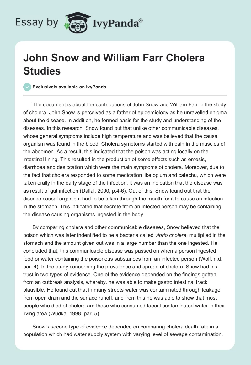 John Snow and William Farr Cholera Studies. Page 1
