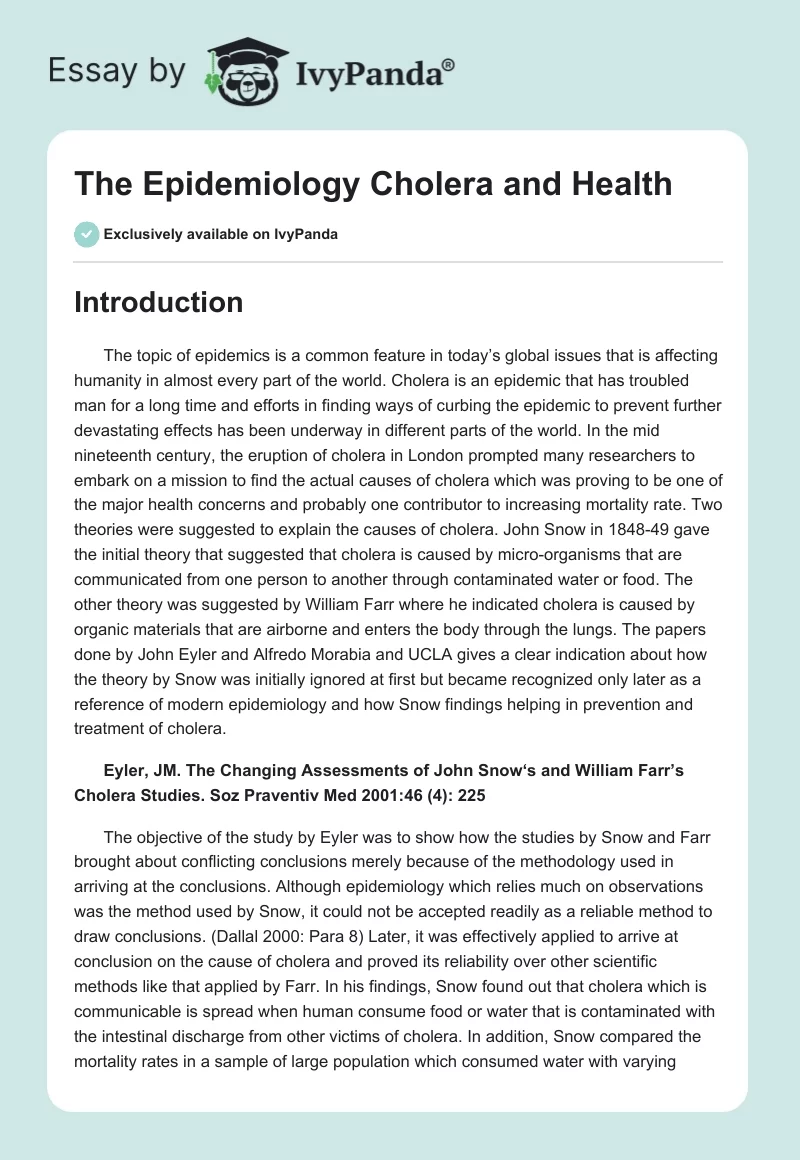 The Epidemiology Cholera and Health. Page 1